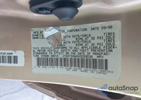 1999 Lexus Lx 470 z USA, uszkodzony, nr VIN JT6HT00WXX0029036